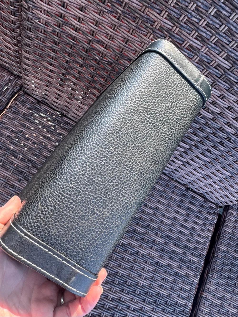 Compact Black Faux Leather Train Case with Top Handle for storage